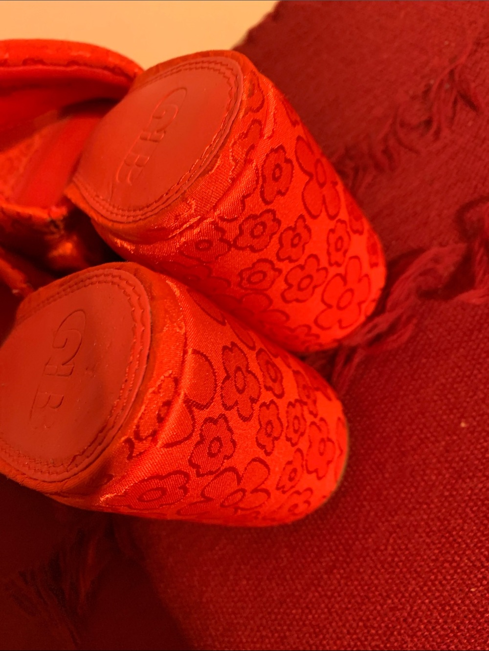 Red Floral Satin Slide Mules with Rosette Accent - Picture 3 of 5